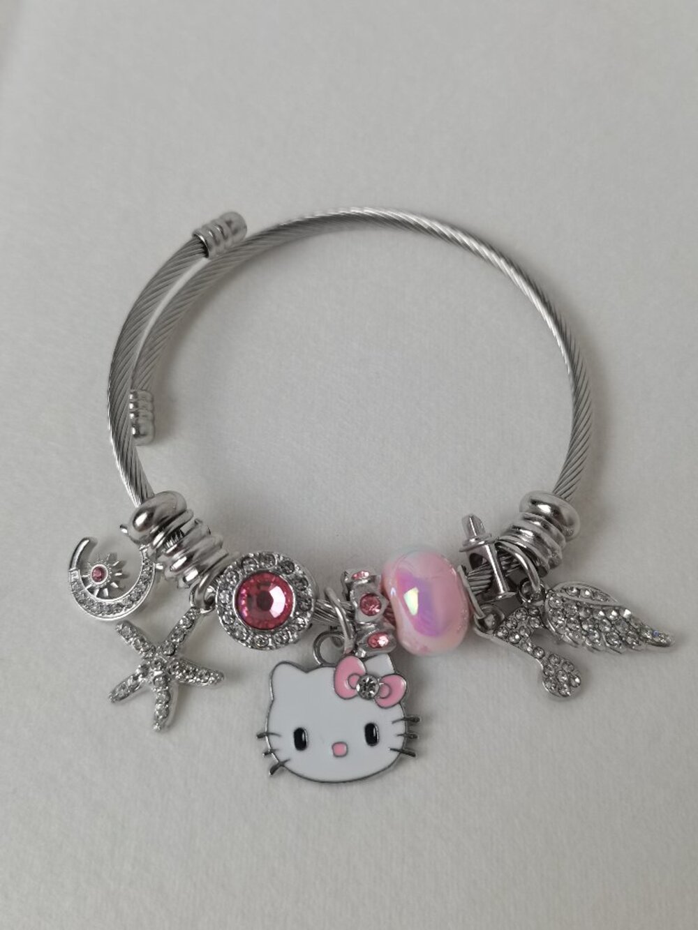 Silver & Pink Hello Kitty Charm Pendant Tone Bangle Bracelet